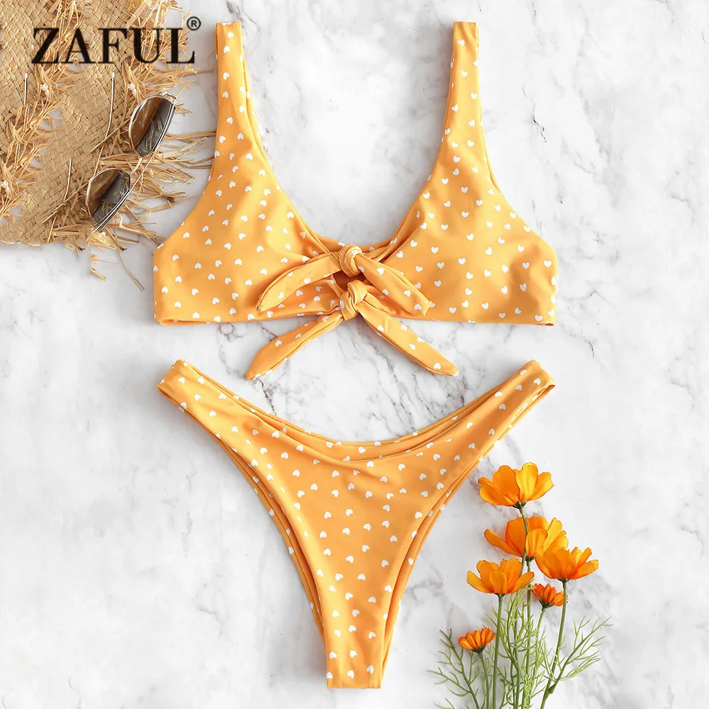 Женский купальник с узлом ZAFUl BikiniSwimwear высоким вырезом и узором в виде сердца