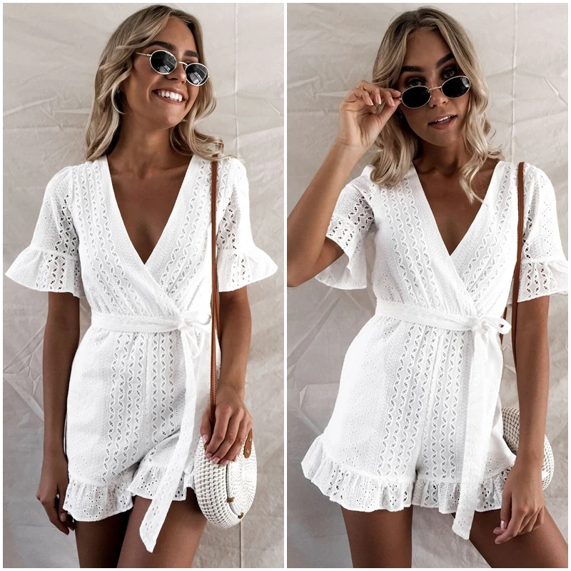 Affogatoo Sexy v neck ruffle romper women jumpsuit Elegant high waist cotton short jumpsuit Embroidery sash playsuit summer