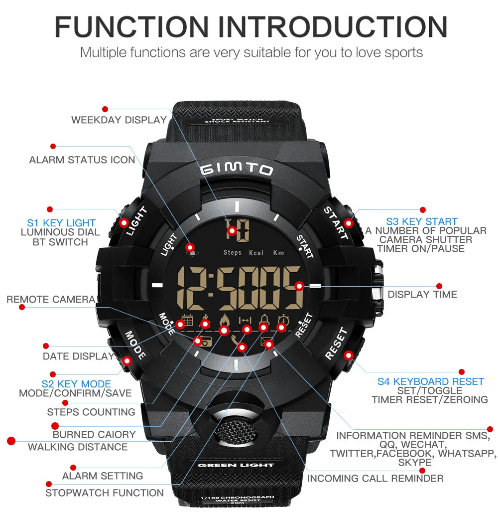 Gimto спортивные часы Мужчины напольный интеллектуальные Шагомер Bluetooth Relogio masculino