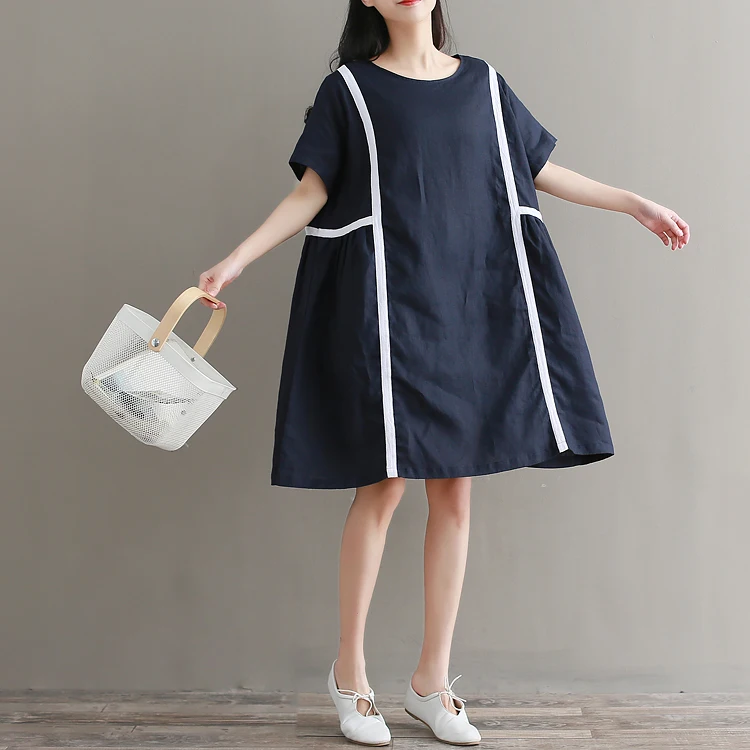 Высокое качество с коротким рукавом nevy синий льняное платье для женщин | Женская