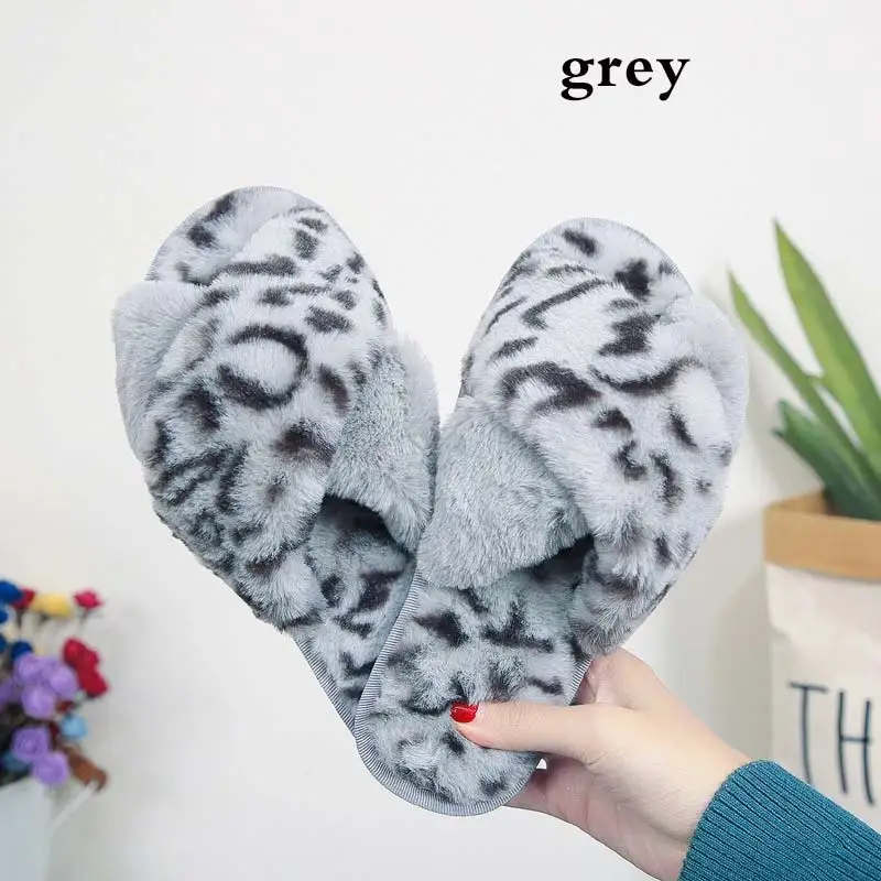 grey-Leopard Зимние женские тапочки с мехом леопарда; пушистые шлепанцы; теплая мягкая обувь на плоской подошве; забавная домашняя обувь; Pantoffels Dames; размер 41 - Цвет: grey-Leopard