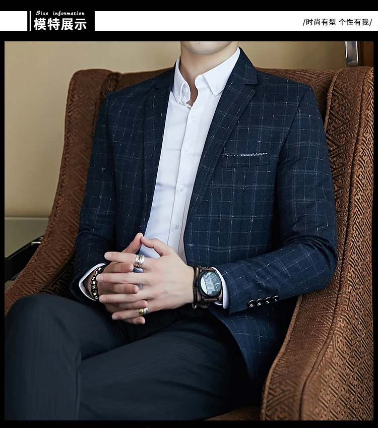 Plaid Check Blazer Men Gold Yarn Spring Autumn Blazer Masculino Slim Fit Chaquetas Hombre De Vestir Mens Vintage Blazer