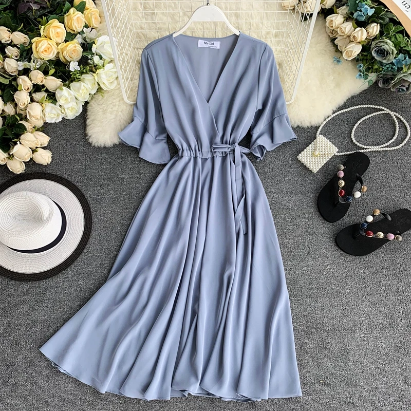 Women Summer New Fashion Sexy V Neck Short Sleeve Dress Ladies Below Knee Length Dresses Vestido Blue/Apricot | Женская одежда