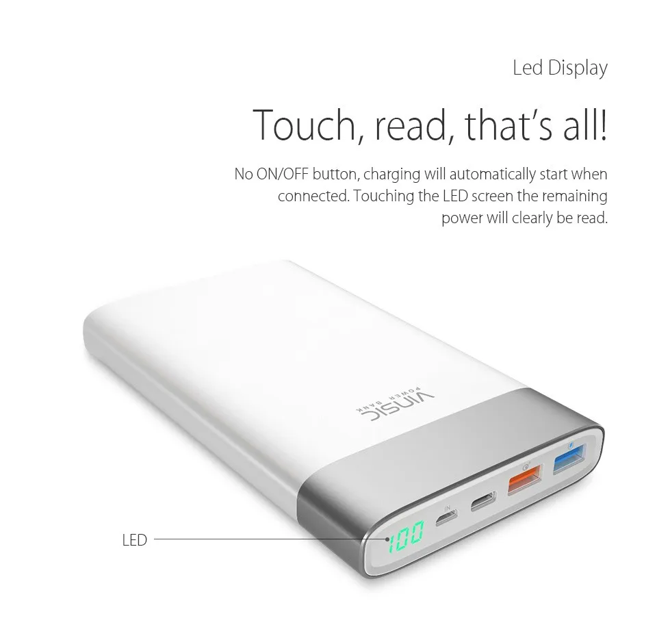 Vinsic 20000 мАч Быстрая зарядка 3,0 внешний аккумулятор QC3.0 двойной usb type-C литий-полимерный внешний аккумулятор для samsung iPhone X 8 8P Xiaomi