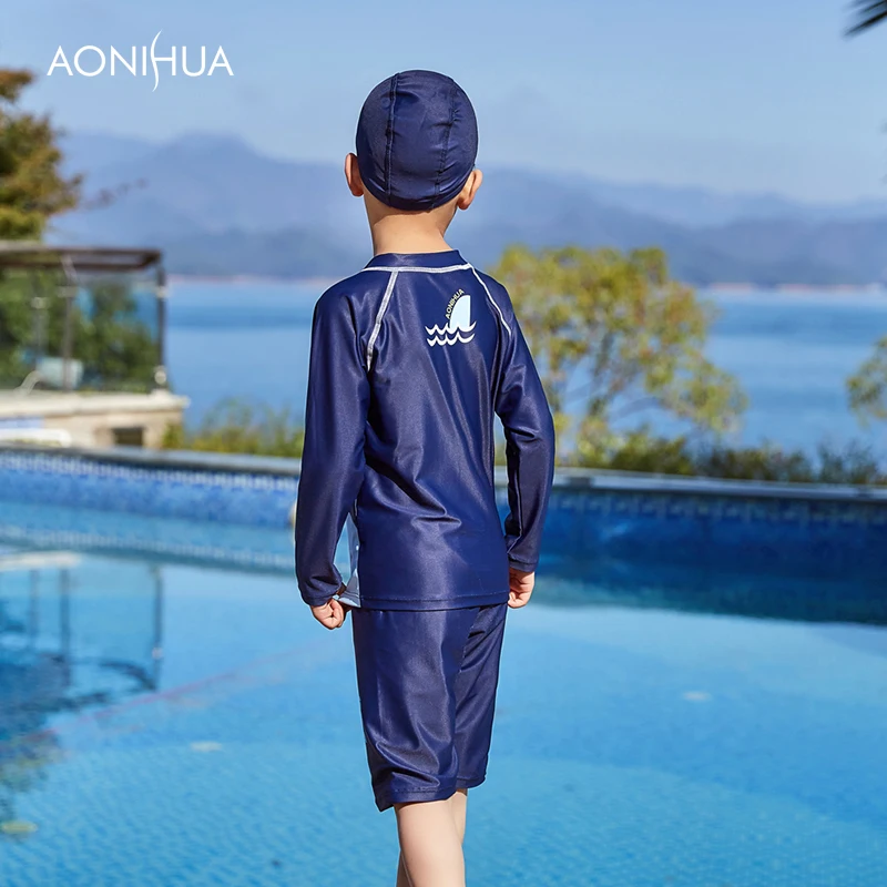 

AONIHUA 2018 Children Boys Cute Swimming with Trunks Swimming Bath Suit Boy Kids Sportswear Long Sleeve Two-Piece Suits 1032