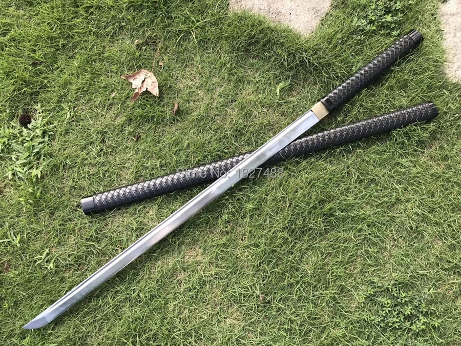 Leather Saya Japanese Samurai Straight Sword Katana Full Tang Spring Steel Sharp Ninja Cosplay Real Fighting Knife Saber