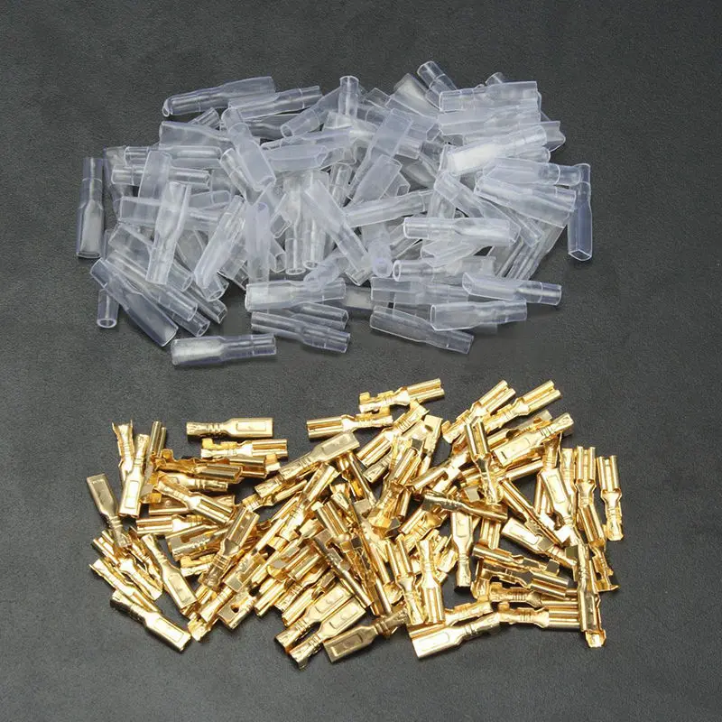 

100pcs Brass Crimp Terminal Female Spade Connectors 2.8/4.8/6.3mm with 100pcs Insulating Sleeve Assorted kit 22-16 AGW