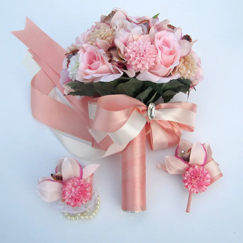 3PCs SET Blush Kyunovia Шелковый Свадебный букет свадебных цветов букет на память Свадебный букет Коралловая Роза и розовая Гортензия Свадебный букет FE36 - Цвет: 3PCs SET Blush