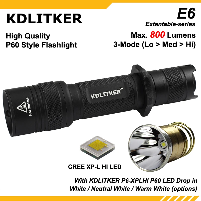 Новый KDLITKER E6 с P6 XPLHI Белый/нейтральный белый/теплый белый P60 стильный светодиодный