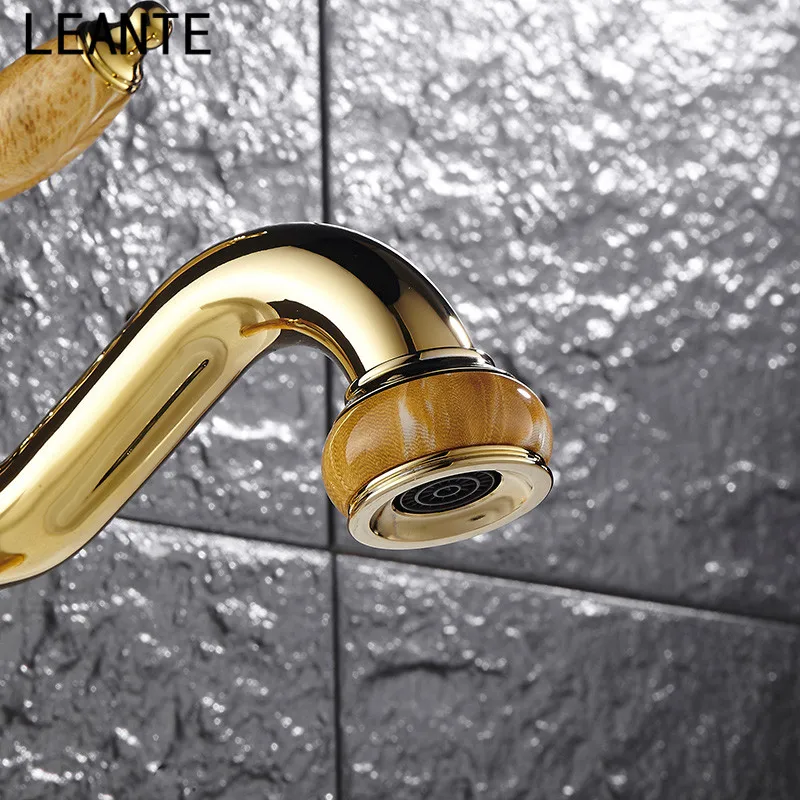 LEANTE Red Rose Gold Artificial Jade Basin Faucet Vintage Tap 360 Swivel Spout Brass Cold Hot Mixer Classic Luxury L9084 | Обустройство