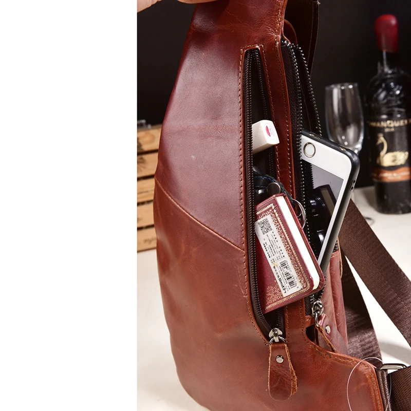 Cowhide Leather Vintage Men Sling Chest bag Half Moon chest pack Travel Cross Body Messenger Shoulder Bag mobile phone | Багаж и сумки
