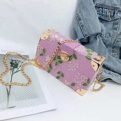 Purple Элегантный цветочный узор модный дизайн коробки из искусственной кожи вечерние клатч сумка на цепочке кошелек для женщин Кроссбоди мини сумка-мессенджер с клапаном - Цвет: Purple