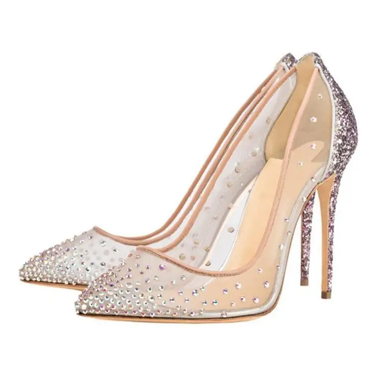 

Bling Bling Crystal Pumps Women Shoes See Through Mesh Sequined Patchwork Pumps Glittering High Heels Pumps 12cm Banquet Shoes