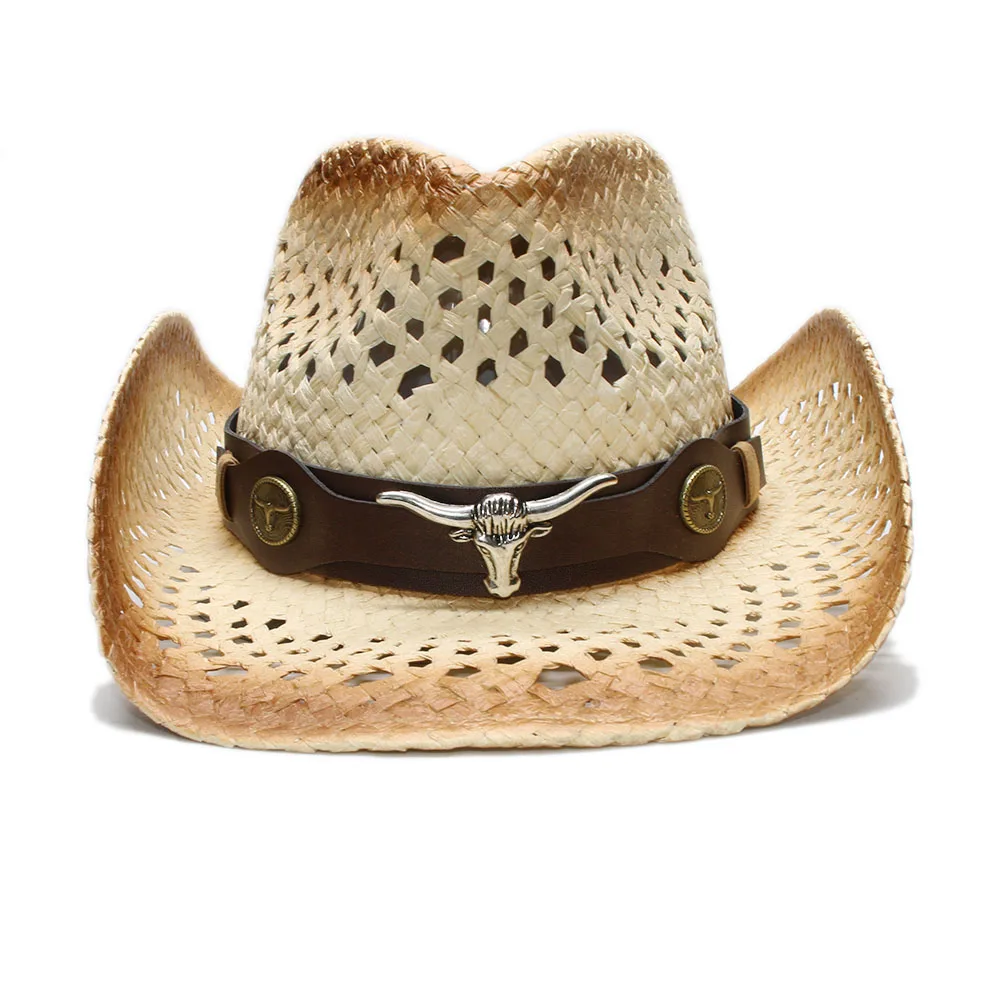 

Vintage Retro Women's Men's Raffia Straw Wide Brim Beach Hollow-out Cowboy Cowgirl Western Hat Ox Bull Head Leather Band (58cm)