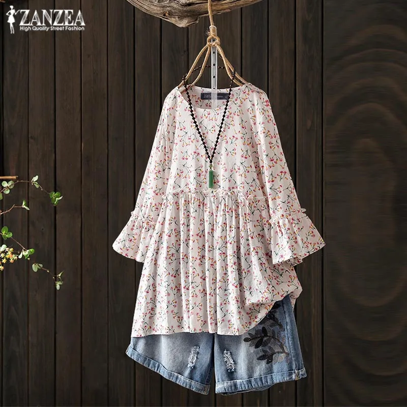 Женская плиссированная блузка с цветочным принтом ZANZEA летняя винтажная туника