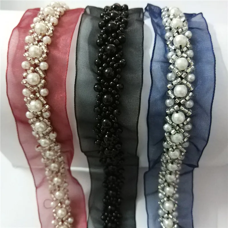 

DIY Pearl Beads Lace Handmade Beaded Sewing Lace Trims Mesh Ribbon Applique for Wedding Dress Decor Craft 3cm width Mesh