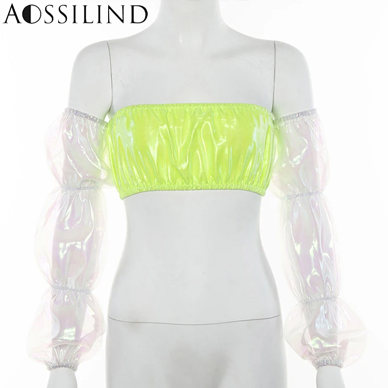 AOSSILIND сексуальный лоскутный укороченный топ с пышными рукавами для женщин 2019