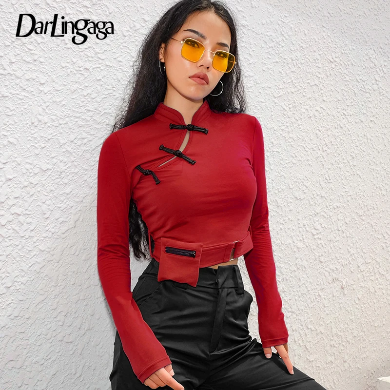 Darlingaga Chinese style fashion cotton female t shirt autumn winter long sleeve women buckle waist bag crop top 2020 tees|Футболки| |