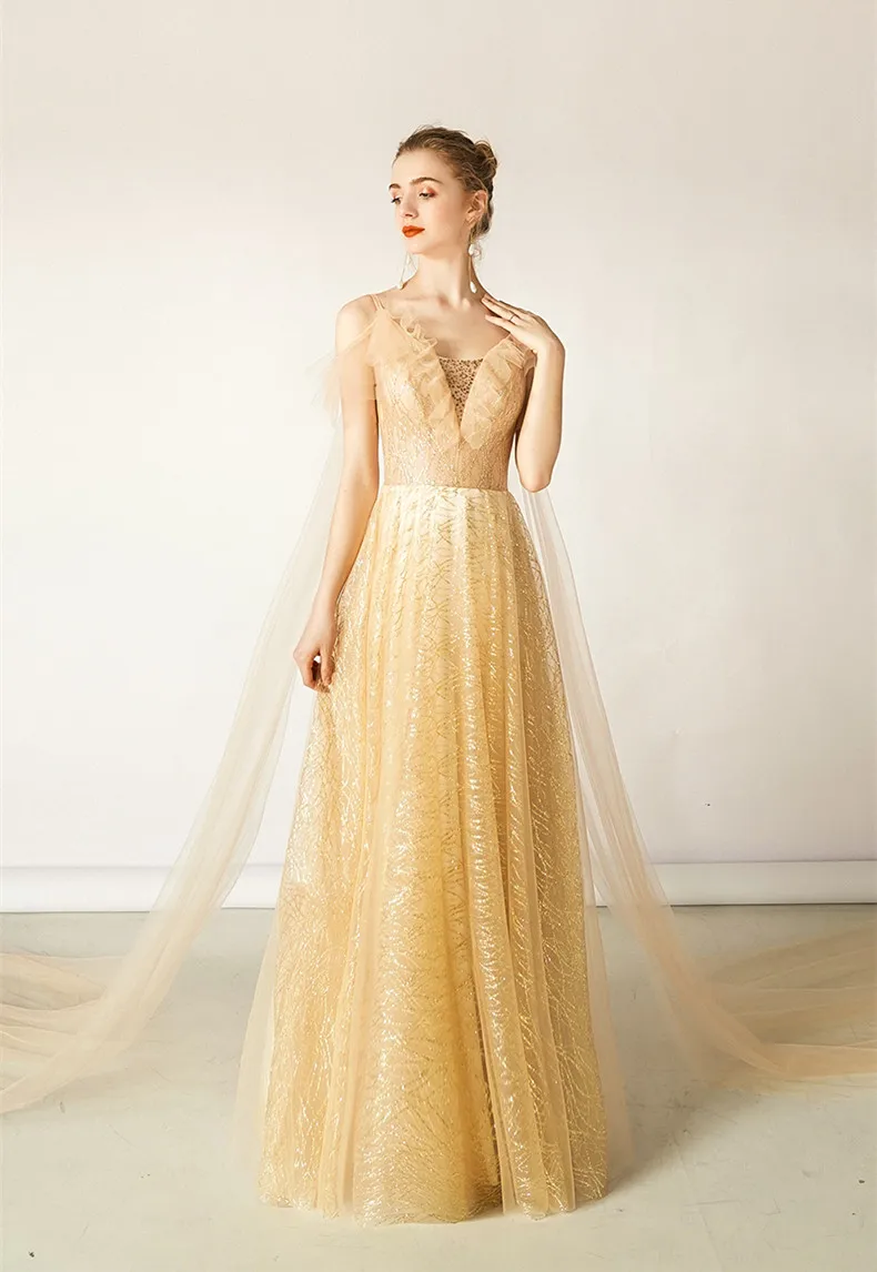 Женское вечернее платье роскошное золотистое длинное Тюлевое для официальной