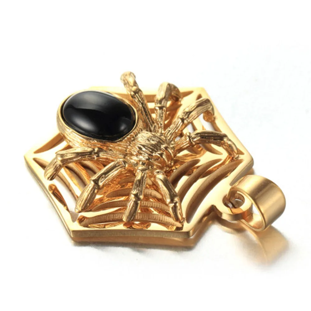 Ожерелье-подвеска Unisex с дизайном паука из нержавеющей стали 316L с золотым оттенком и черным камнем на цепочке в подарок на Рождество. Цепочка 24 дюйма.