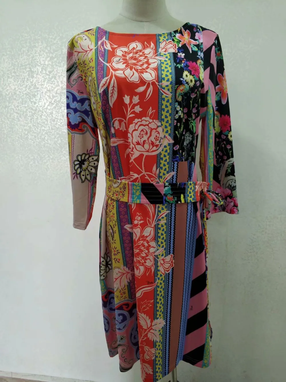 New 2018 Luxury Designer Dress Women's Fashion 3/4 Sleeves Colorful Flower Print XXL Stretch Jersey Slim Silk Day | Женская одежда