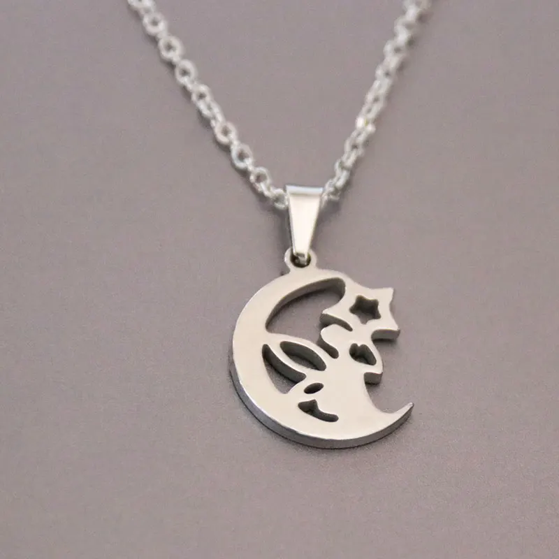 1pc Little Fairy With Star Moon Stainless Steel Necklace Fashion Figure Pendants Necklaces Women Kids Christmas Gift Jewelry | Украшения и