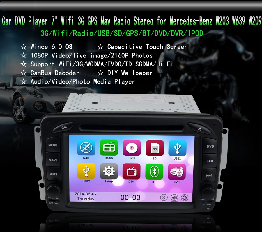 Автомобильный DVD плеер 7 дюймов Wi Fi 3G GPS навигация радио стерео для Mercedes Benz W203 W209 W639