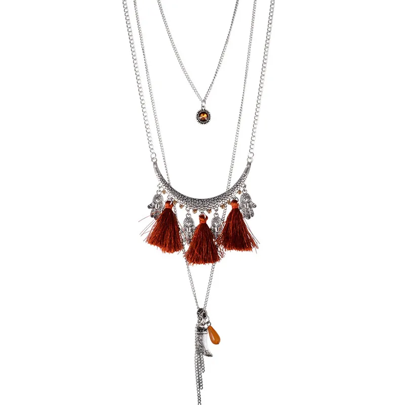 Boho Этническая Винтаж Серебряная цепочка длинная кисточкой Многоуровневая
