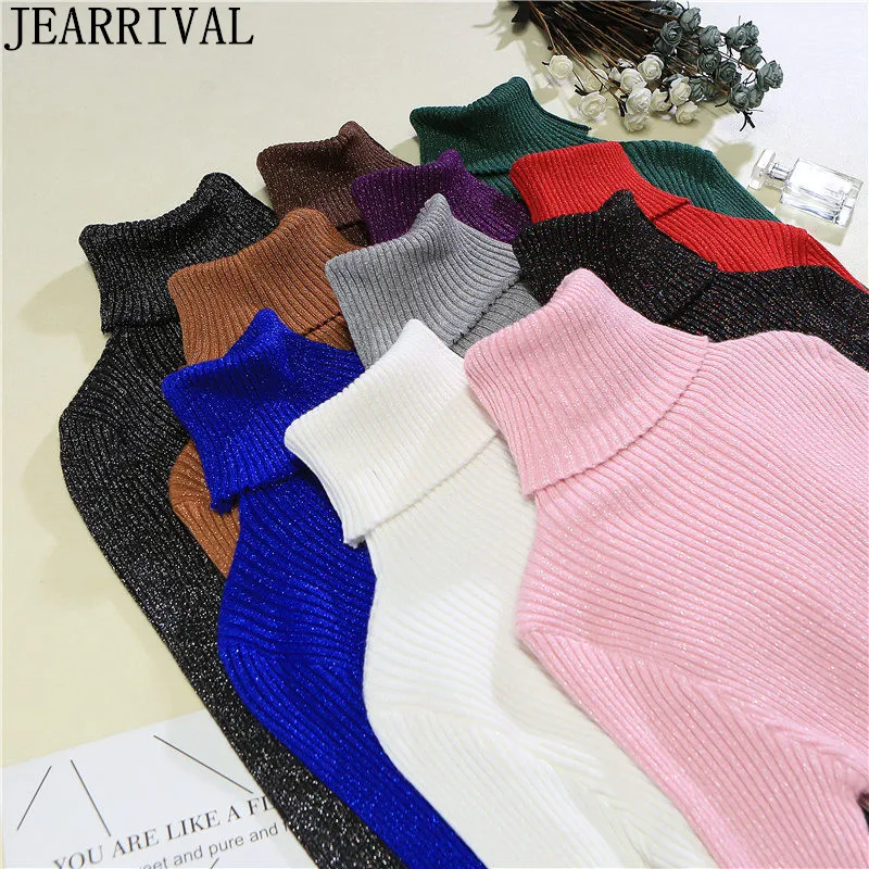 Autumn Winter Women Turtleneck Sweater New Fashion Long Sleeve Bling Lurex High Elasticity Pullover Knitted Jumper Pull Femme | Женская