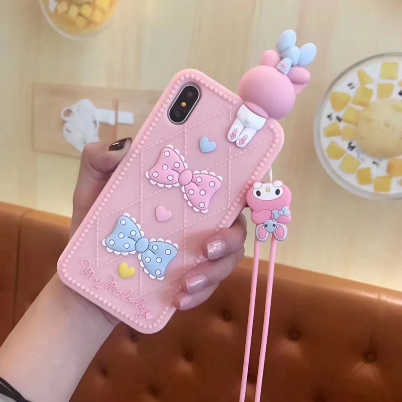 with lanyard Милый мягкий силиконовый чехол с объемным ремешком и милой куклой Кот из японского мультфильма My Melody для iphone X XR XS MAX 7 8 6s 11 Pro plus, розовый чехол - Цвет: with lanyard