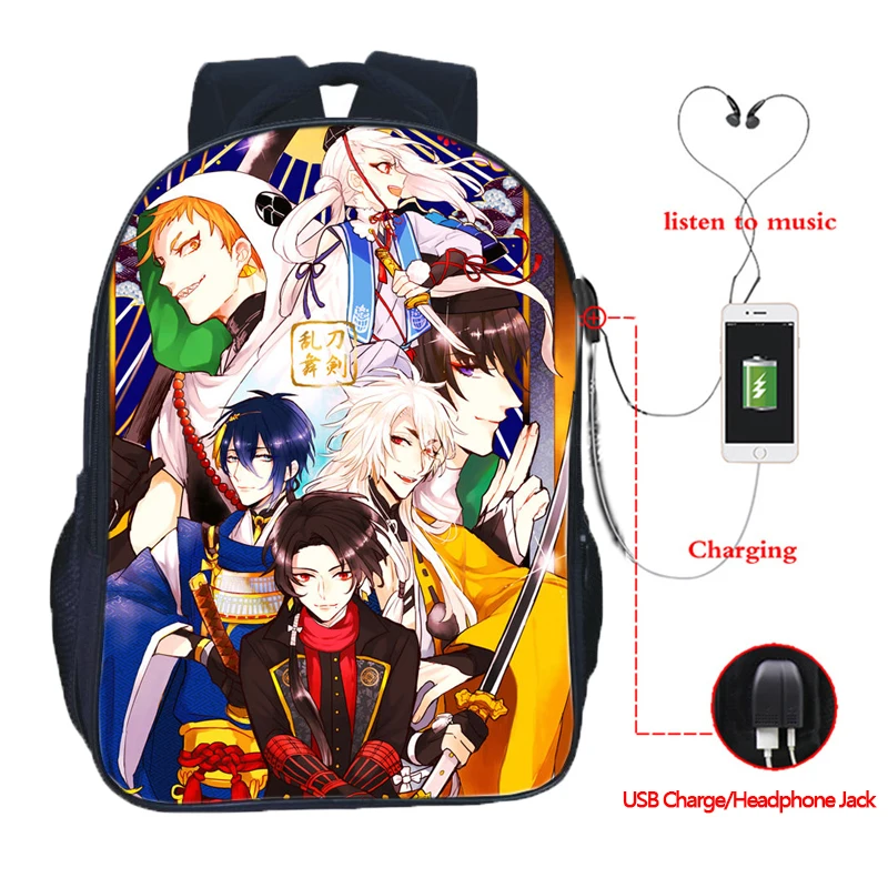 Рюкзак Touken Ranbu с USB-зарядкой повседневный рюкзак для студентов школьный мальчиков