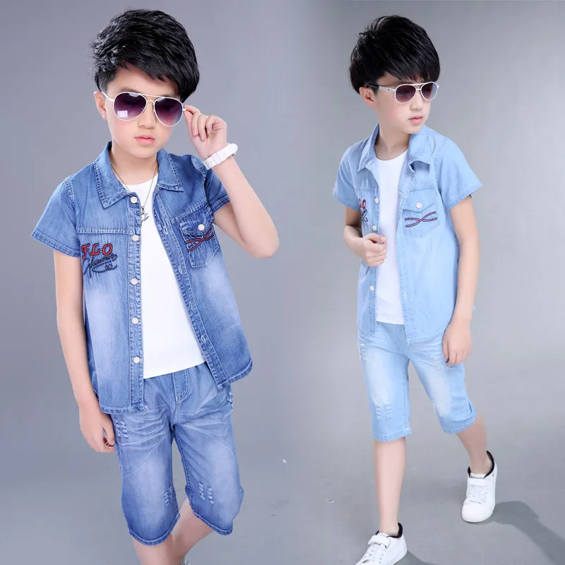 Kids Clothes Boy Summer Set Boys Denim Shirt + Jeans Shorts Children Clothing Brand for Size 4-14 |
