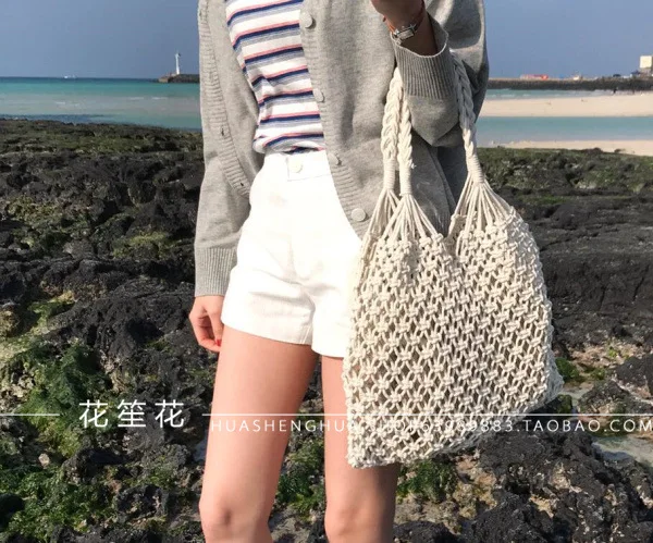 

IMYOK Cotton Rope Hollow Summer Straw Beach Bag hand made Tote handle Net Shopping Bag Vintage Retro Chic handbag Vacation