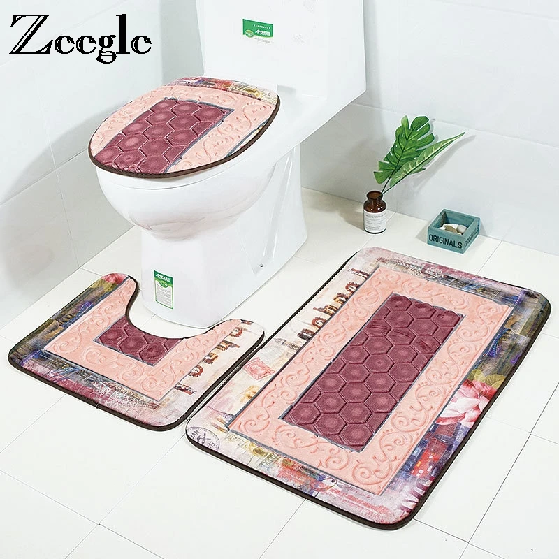

Zeegle 3D Embossed Bathroom Mat Set Toilet Rug Non-slip Mat For Toilet Bathroom Floor Mats Memory Foam Bath Mat Bathroom Carpet