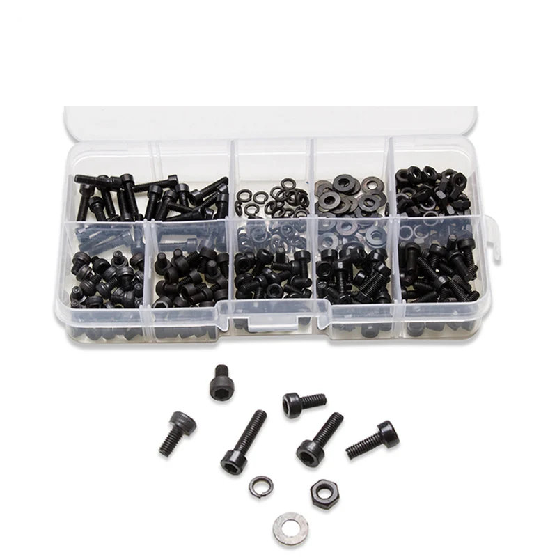 

300pcs/box M3 Hexagon Socket Head Screws Kits Carbon Steel Hexagon Bolts Nuts Flat Spring Washers Gaskets Hardware Accessories