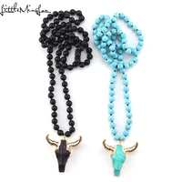 fashion bohemian tribal jewelry long knotted stone beads ox horn pendant necklace for women ethnic necklace long necklace