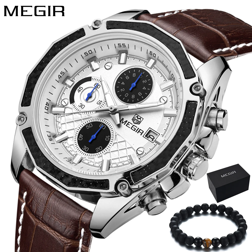 Megir Chronogarph, мужские часы, Лидирующий бренд, Роскошные Кварцевые часы с кожаным ремешком, спортивные часы для мальчиков, военные наручные часы для мужчин, reloj hombre