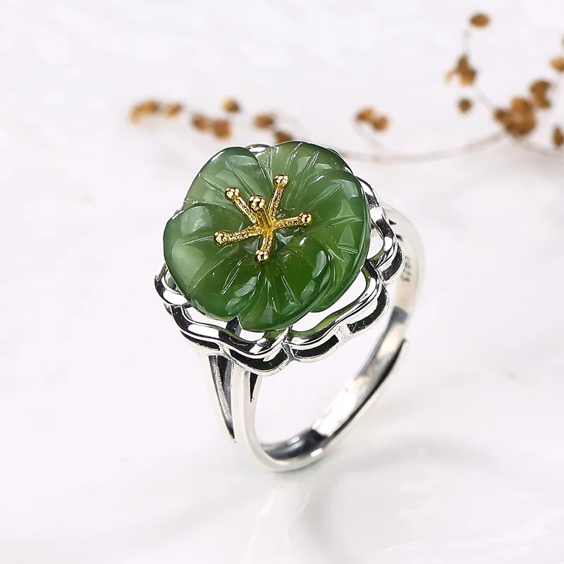 Женское кольцо из серебра 2018 пробы с покрытием натурального нефрита|Кольца| |