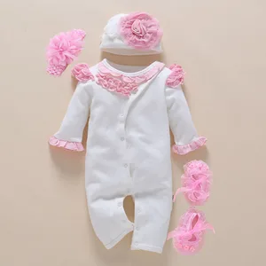 Детский комбинезон, повязка на голову для фотосъемки, Цветочная Одежда для новорожденных девочек 0-3 месяцев, весенне-зимний комбинезон, белые милые Боди, 4 шт.компл.