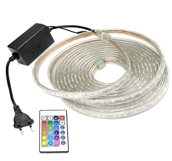 AC 220V цветных(RGB) светодиодных лент 5050 Водонепроницаемый 1 м 3 м 5 м 10 м 15 м красный зеленый сине-белые теплая белая лента светильник RGB пульт дистанционного управления штепсельная вилка европейского стандарта