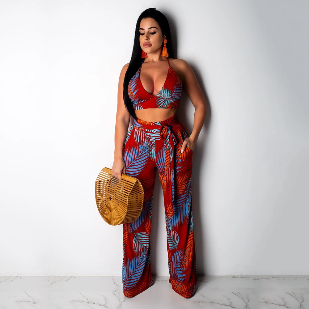 

Women Summer V-Neck Halter Sleeveless Leaf Print Backless Crop Top Bohemian Wide Leg Pants 2 Piece Set Elegant Lace Up Outfits