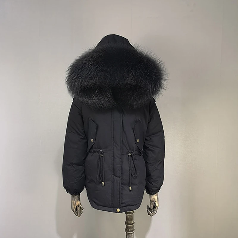 Женская зимняя куртка 2018 100% с капюшоном и воротником из натурального меха енота