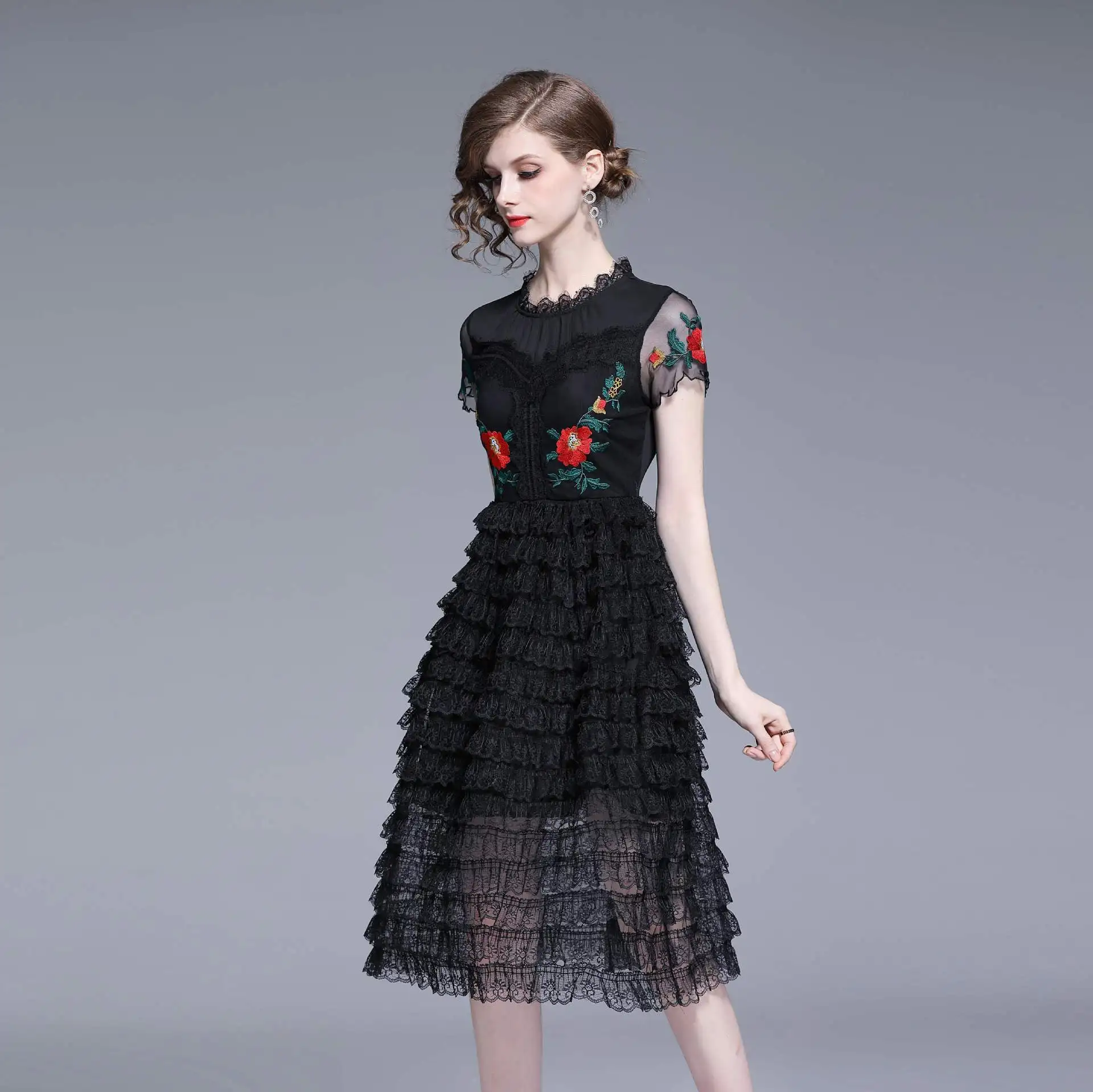 M-xxl весенне-летнее женское платье с зелеными листьями и красным цветком вышитый