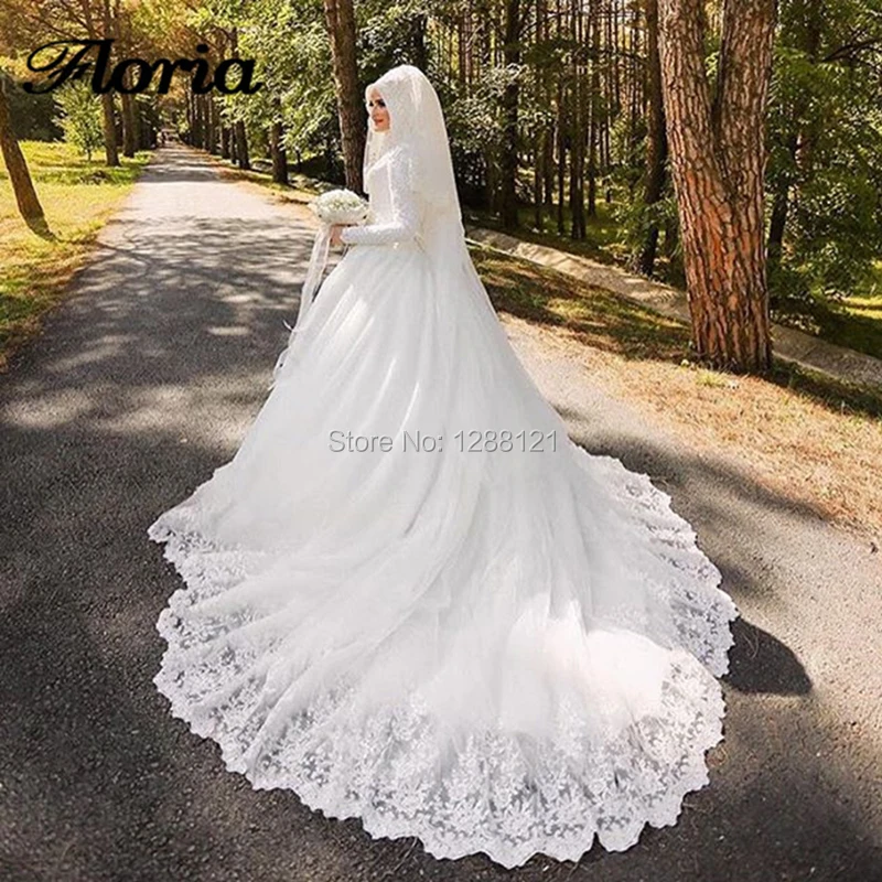 

Robe De Mariage Arabic Muslim Lace Long Trail Wedding Dresses With Hijab Arabic Dubai Long Sleeve Appliques Wedding Bride Dress