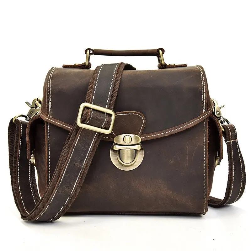 Hot Sale Real Leather Retro Vintage Design Men'sTravel SLR DSLR Camera Bag  Dark Brown Shoulder Messenger Bag