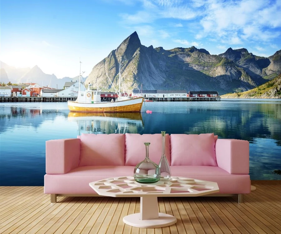 

Пользовательские 3d росписи, Норвегия горы дома море обои с изображением моторной лодки, отель Ресторан гостиная диван ТВ Настенные обои для...