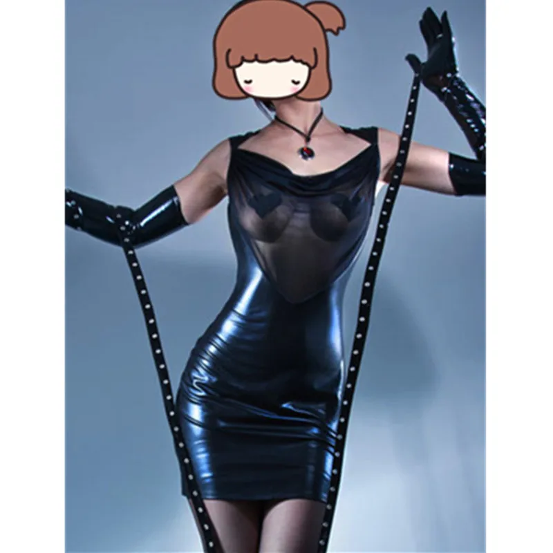 Сексуальное платье из искусственной кожи и ПВХ кожаное кружевное с открытой