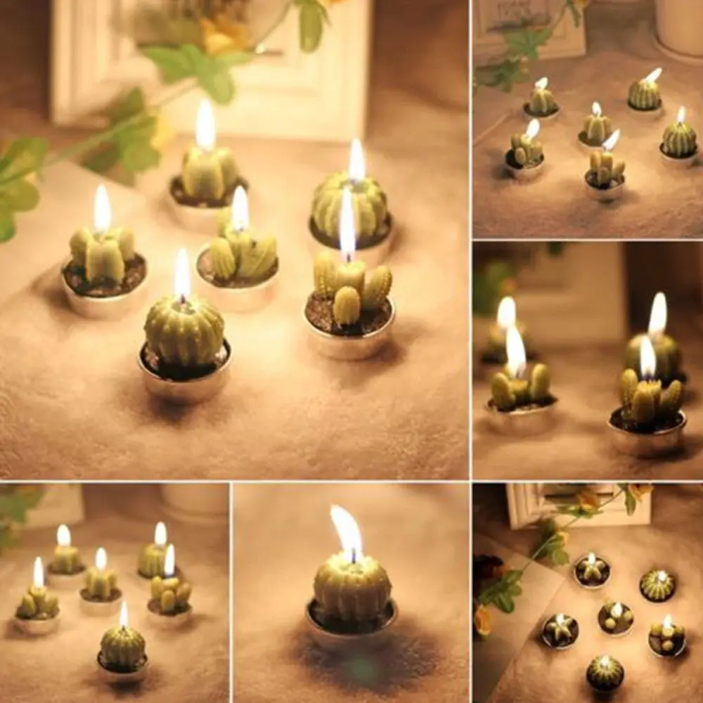 6Pcs/set Decorative Tea Light Candles Non-spill Cactus Candle for Xmas Party Wedding Decoration Birthday durable | Дом и сад