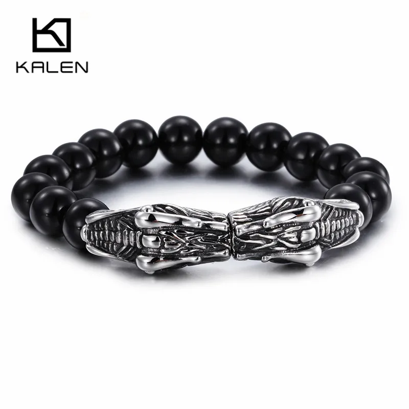 Dragon Kalen Rock, африканские Черные Стеклянные мужские браслеты с бусинами, нержавеющая сталь, животные, голова дракона, очаровательные браслеты, обертывание, ручная цепочка, ювелирное изделие - Окраска металла: Dragon