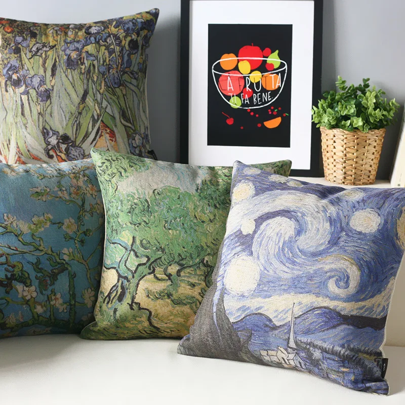 Retro Watercolor Van Gogh Oil Painting Pillow Cover Starry Sky Cushion Home Decorative Decoration Office Sofa Pillowcase